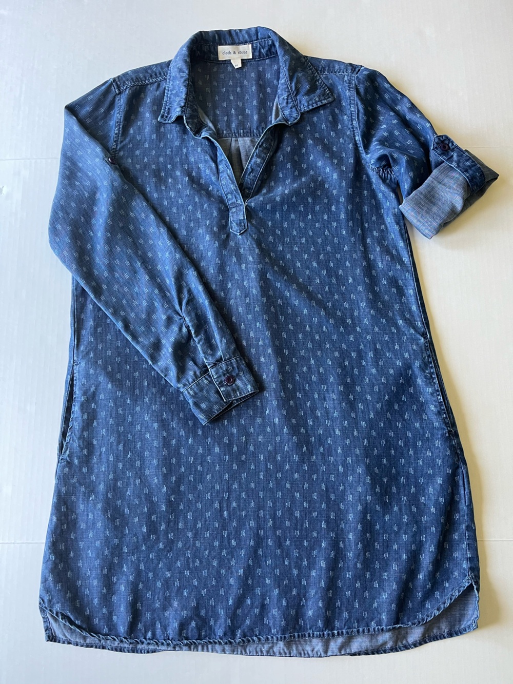 Anthro Cloth & Stone Blue Chambray Printed Roll Tab Sleeve Popover Shirt Dress M